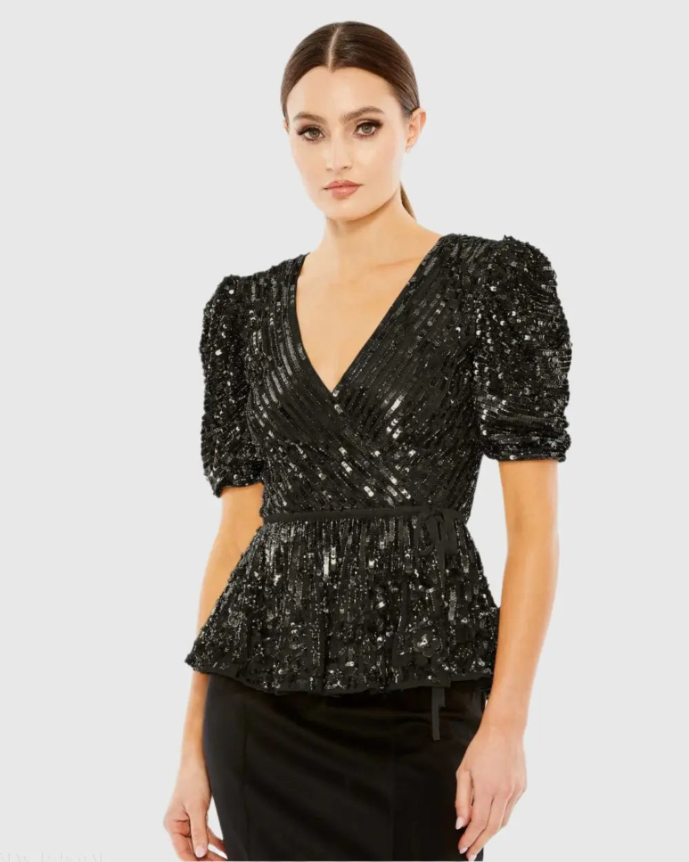 Black Sequined Puff Sleeve Faux Wrap Top - FINAL SALE