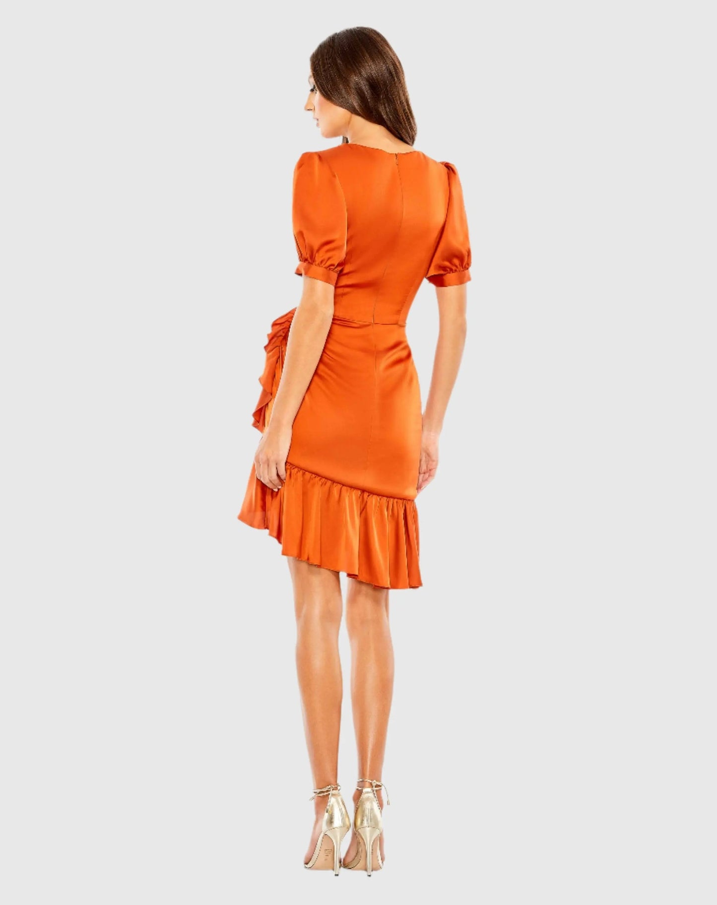 Orange Short Puff Sleeve Faux Wrap Mini Dress