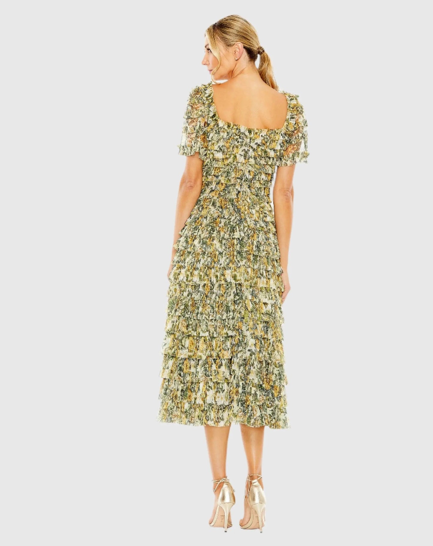 Multicolor Short Sleeve Micro Ruffle Tea Length Dress