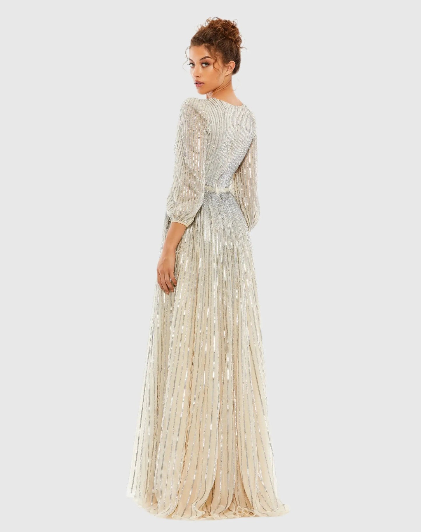 Silver and Beige Sequined Wrap Over 3/4 Sleeve Gown